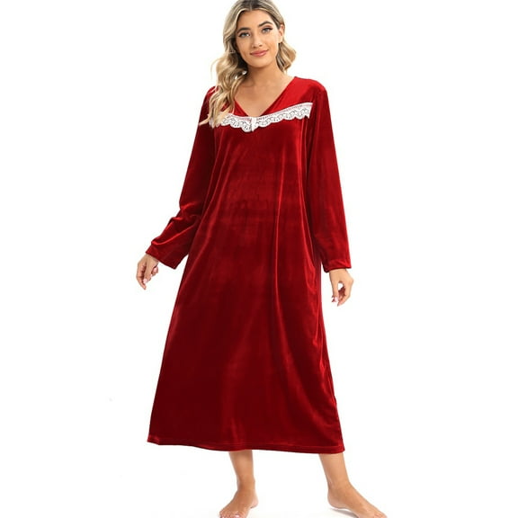 WBQ Women Velvet Nightgowns Vintage Long Sleeve Sleepwear Nightdress V-Neck Loungewear