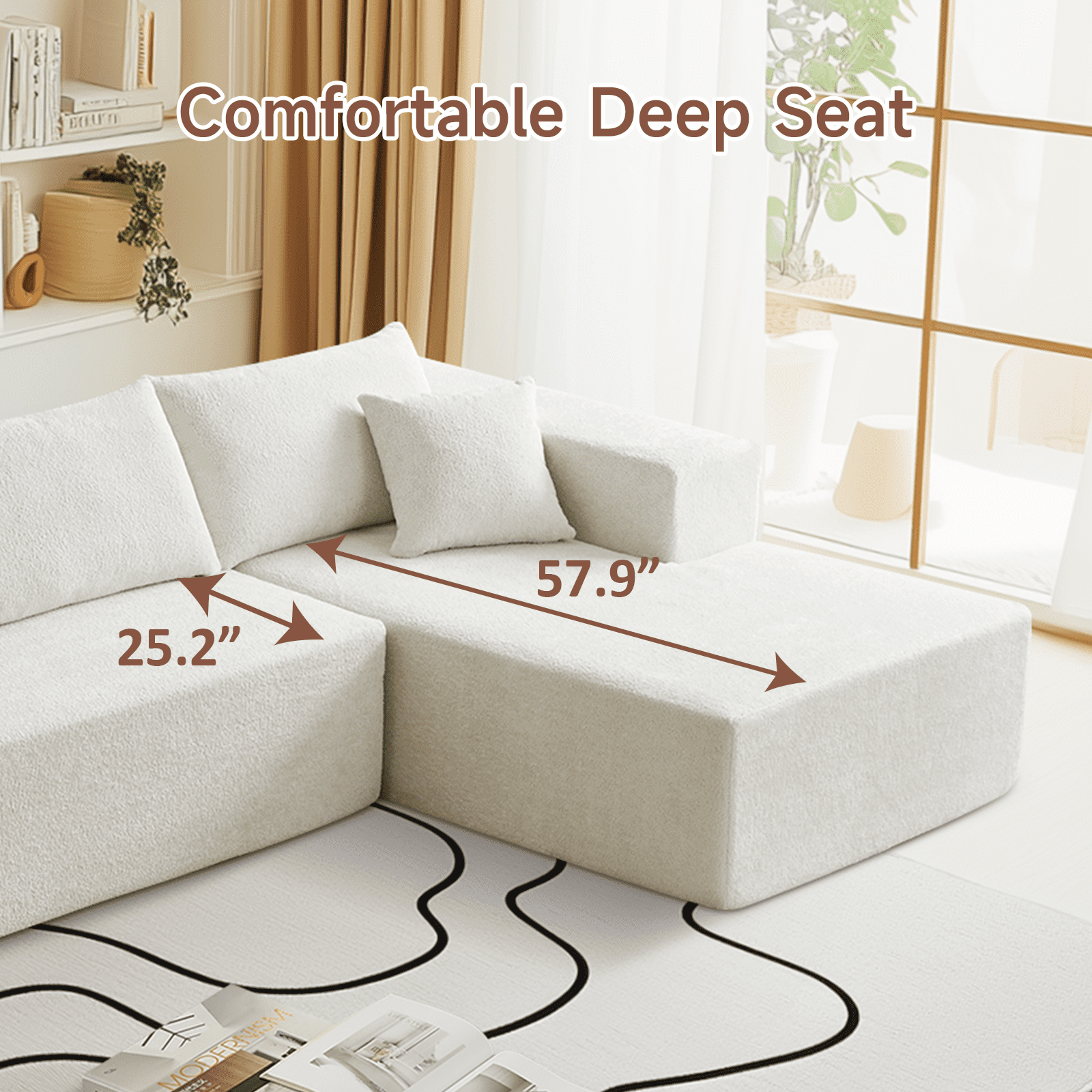104" Sectional Sofa, L-Shaped Modern Modular High-Density Sponge Corner Sofa with Chaise Lounge & Pillows, Upholstered Cloud Couch for Living Room Bedroom Apartment