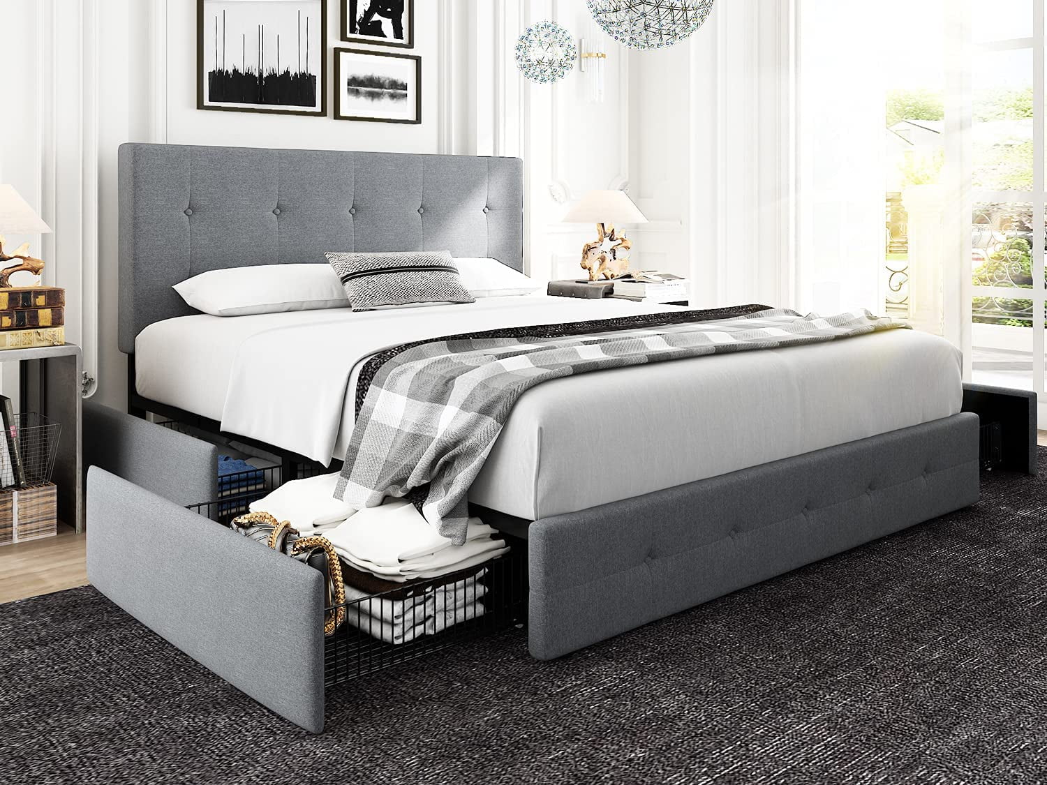 NextFur Light Grey Queen Platform Bed Frame with 4 Drawers Storage and