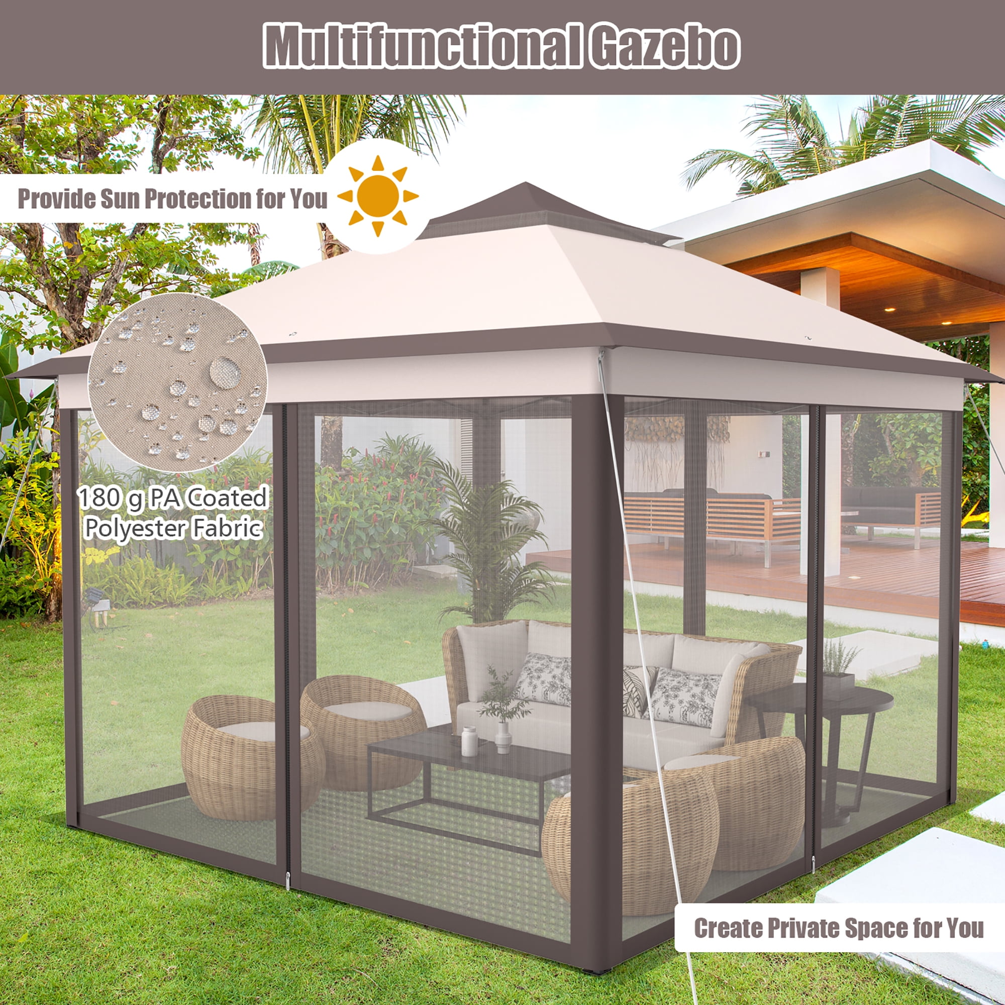 Costway 11'x11' 2-Tier Pop-Up Gazebo Tent Portable Canopy Shelter Carry Bag Mesh Beige
