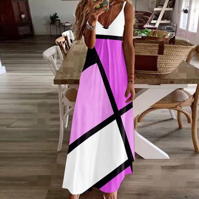Lenago Robe de Bal Grande Taille Femme Mode à Bretelles Col en V Sans Manches à Rayures Imprimées Ajustée Plage Longue Robe Été Robes de Plage en Liquidation
