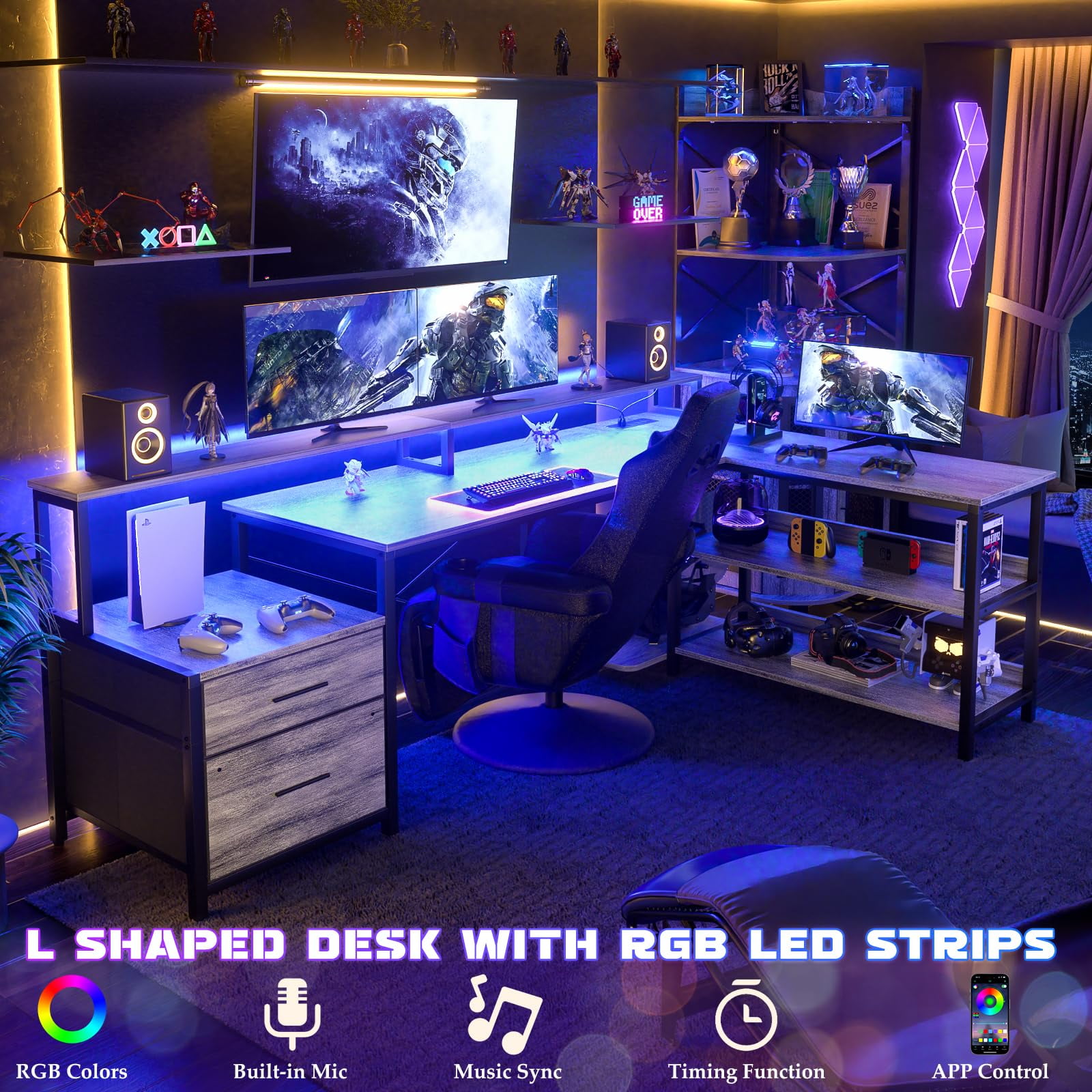 Homieasy L Shaped Desk with File Drawer, 72.8" Reversible L Shaped Computer Desk with Power Outlet & LED Strip, Gaming Desk with Monitor Stand, Office Desk Corner Desk with Storage Shelf, White Oak