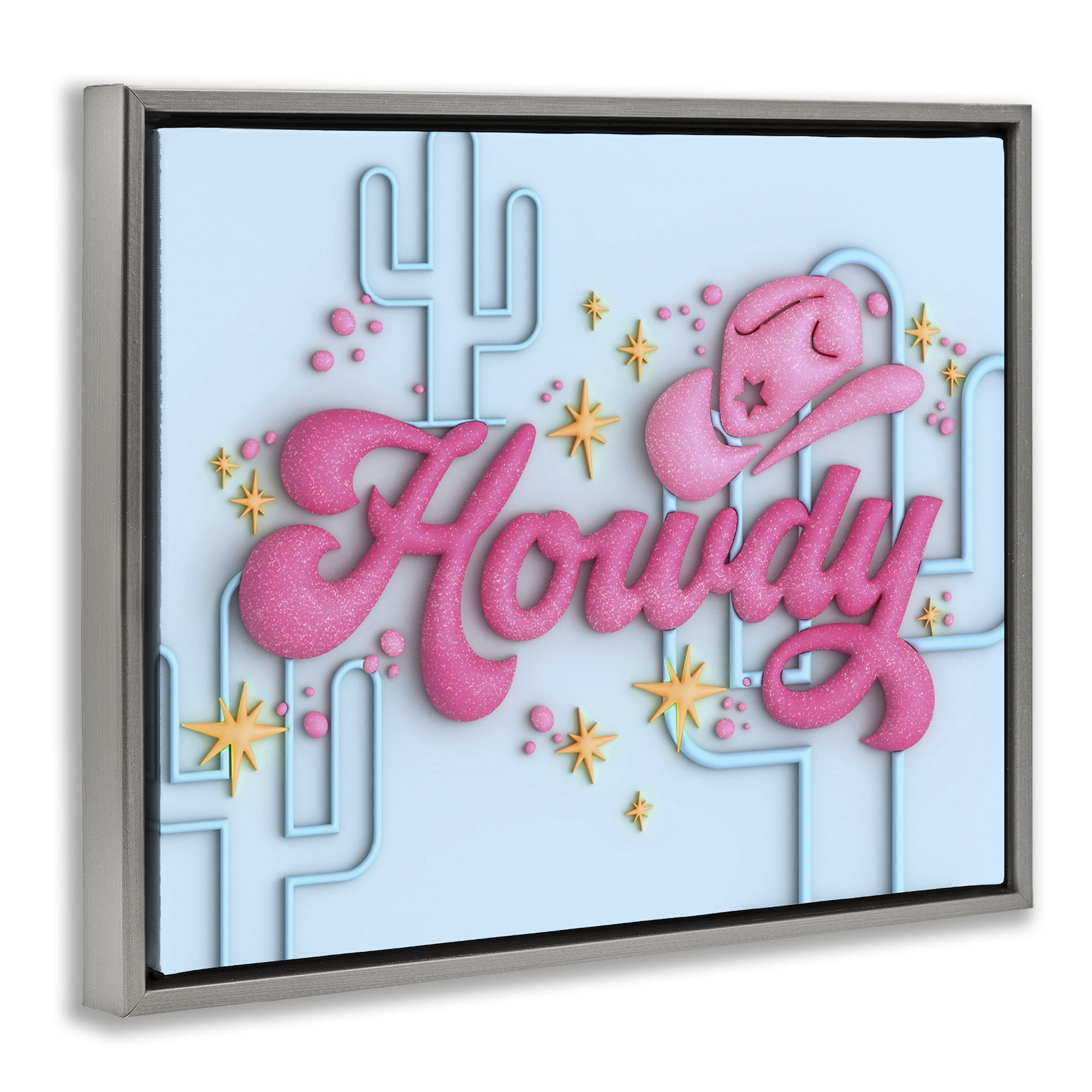 Stupell Industries Retro Howdy & Cactus Entertainment Painting Gray Floater Framed Canvas Art Print Wall Art, 31 x 25