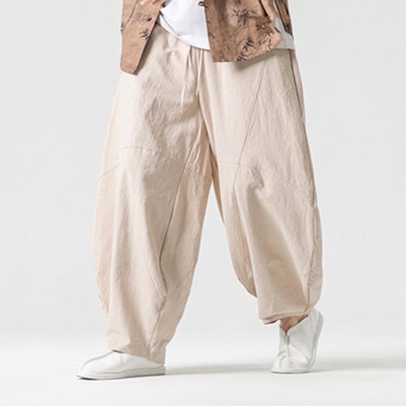 Men's Cropped Harem Pants Baggy Casual Trousers Loose Fit Drop Crotch Lightweight Breathable with Elastic Waist Drawstring for Yoga Lounge Streetwear Everyday