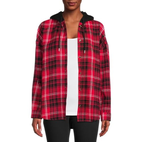 Junior Women's Plaid Fleece Shirt Jacket Hooded - Red Plaid, X-Large