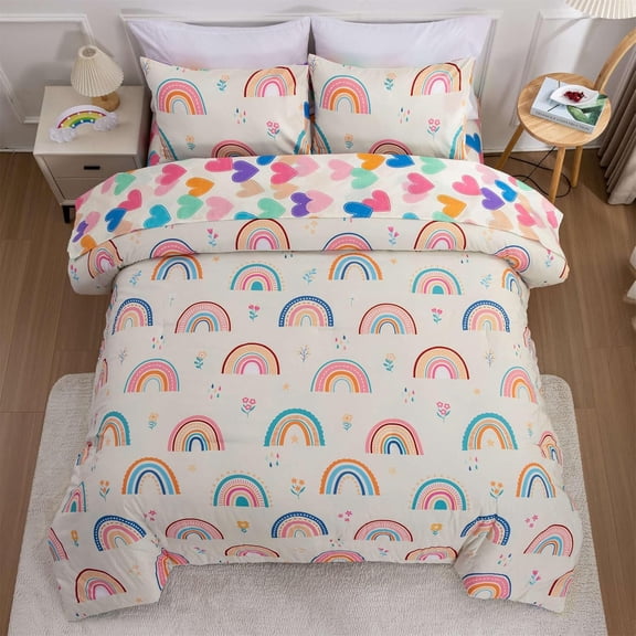 Bed in a Tote with Comforter - Queen Size Cartoon Love Hearts Flowers and Sun Star Bedding Pack - 5 Piece Multi - Sheets and Pillowcases - Color Rainbow Comforter Pack for Girls Boys Kids