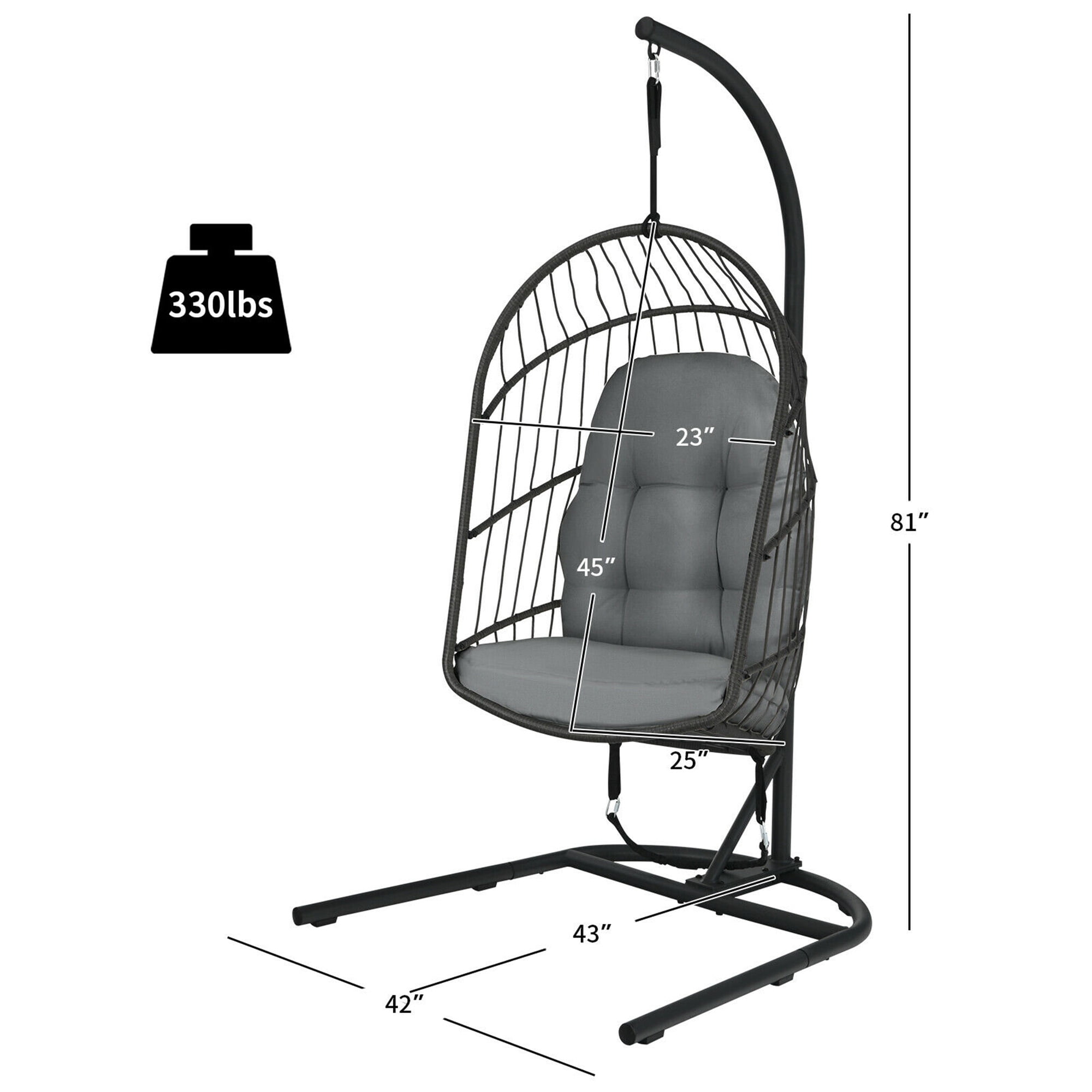 Gymax Hanging Hammock Patio Rattan Swing Egg Chair w/ Stand & Gray Cushions