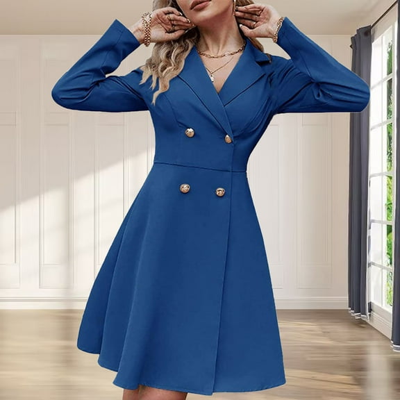 Patlollav Spring Autumn Women V-Neck Solid Color Temperament Long Sleeve Outerwear Blazer Dress