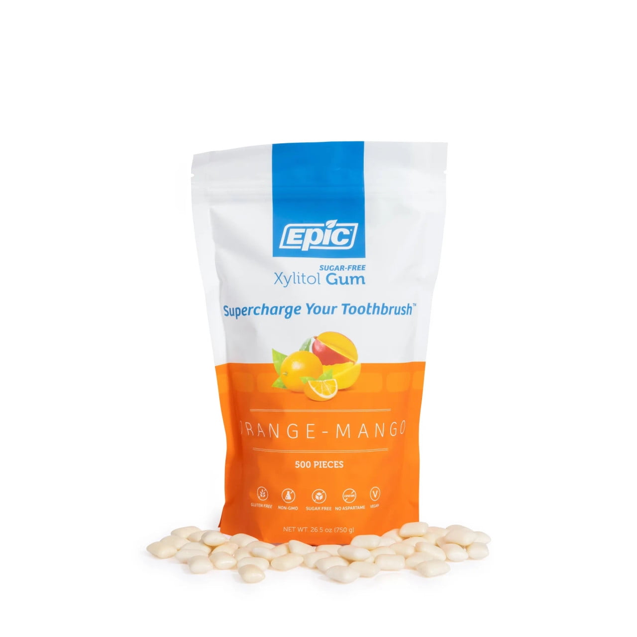 Epic Xylitol Chewing Gum - Sugar Free & Aspartame Free Chewing Gum Sweetened w/Xylitol for Dry Mouth & Gum Health (Orange-Mango, 500-Piece Bag, 1 Bag)