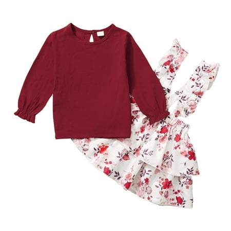 

3T Toddler Baby Girls Outfits Long Sleeve Solid Color Top +Floral Print Straps Suspender Skirts 2PCS Clothes Set 3-4T Red