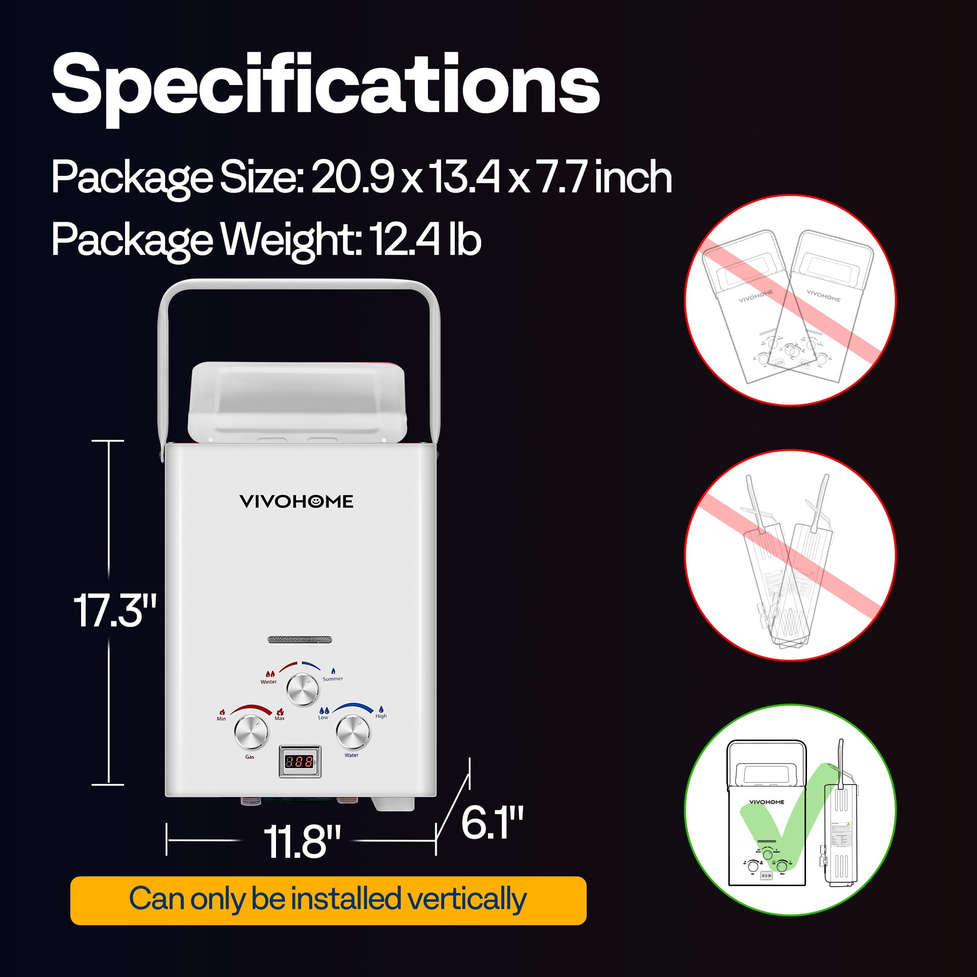 VIVOHOME Portable Propane Tankless Water Heater, 1.6GPM 6L Tankless Instant Hot Water Heater with Digital Display for Home RV Camping Use，White