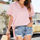 thumbnail image 4 of Primavera color sólido cuello en V manga corta parte delantera corta espalda larga dividida Casual Top mujeres Pompotops hkajfhjk461055, 4 of 9