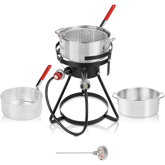 Lafati Outdoor Fish Fryer Propane Crawfish Boiler Fish Fryer Outdoor Seafood Boiler/Steamer Kit with 50000 BTU Gas Burner Heavy Duty Steel Frame 10 Quart Aluminum Stock Pot &amp; Steamer B