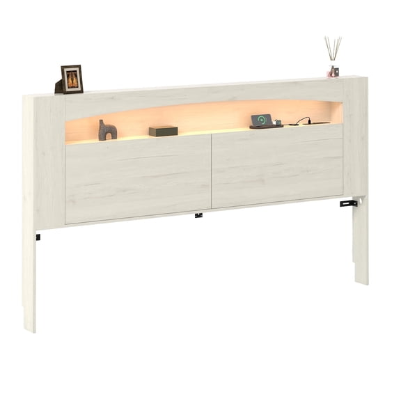 Queen size headboard only with RGB Lights & Charging Station, Wooden Storage Headboard with Open Shelves & Hidden Drawers, Easy Control for Bedroom Ambiance