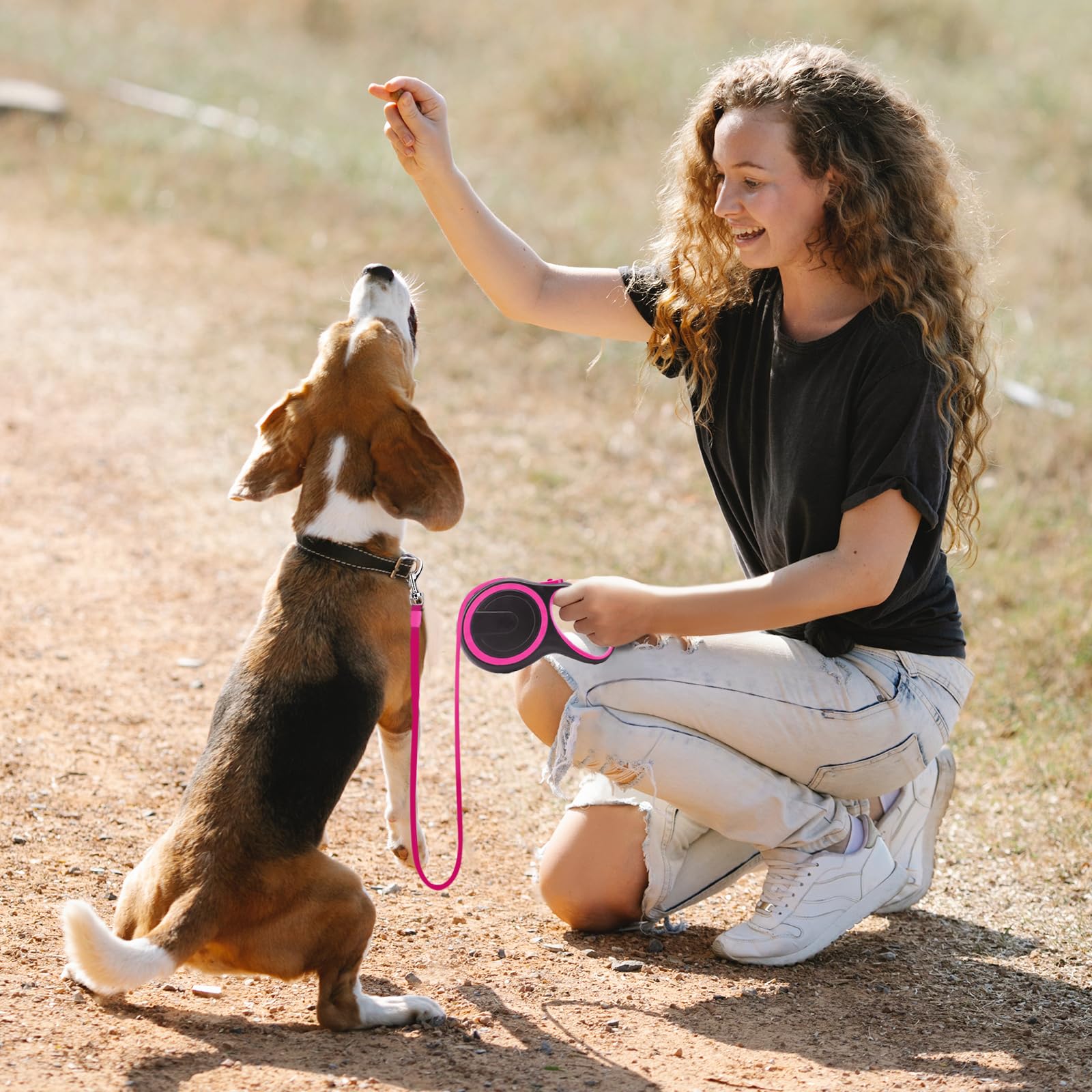 KUCASI Pink Retractable Dog Leash, 16ft Heavy Duty Walking Dog Leash for Medium Small Dogs up to 44lb, Anti-Slip Handle 360°Tangle-Free Nylon Tape, One-Handed One Button Lock and Release