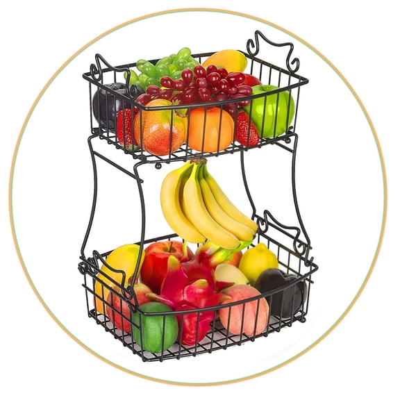 Auledio 2-Tier Metal Fruit Vegetable Basket Bowl with Banana Hanger, Decorative Bowl for Kitchen Countertop, Black