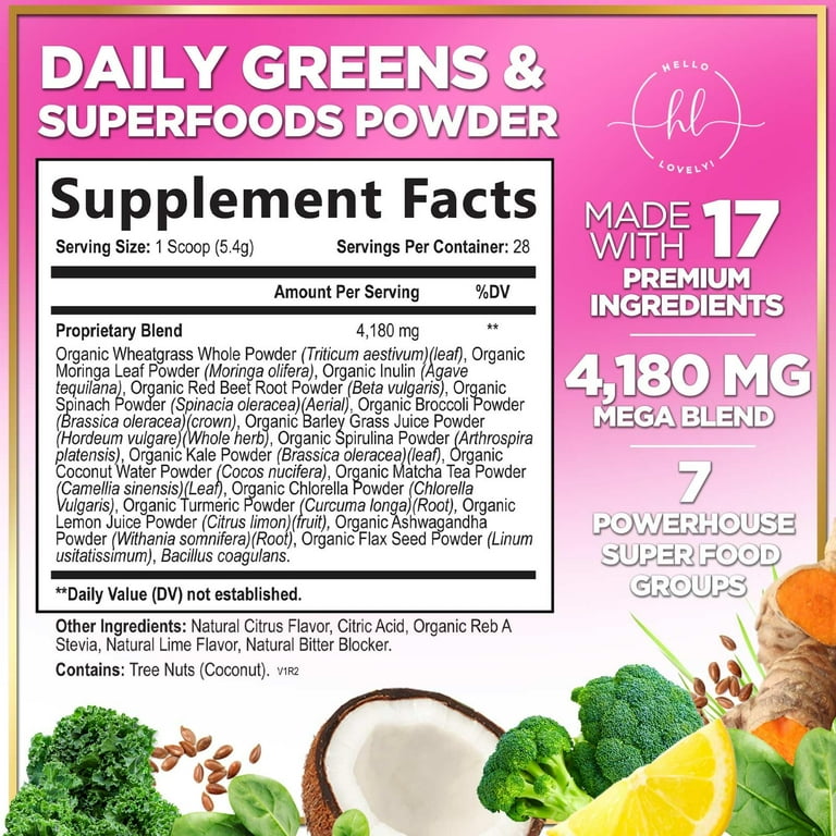Organic Super Greens Capsules - Spirulina, Chlorella, Wheatgrass, Barley Grass (Exp 2027)