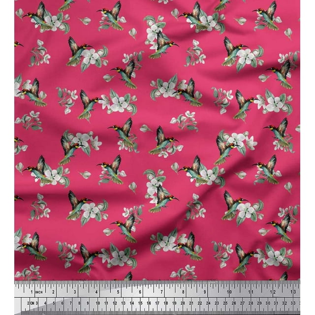 Soimoi Velvet Fabric Leaves,White Floral & Hummingbird Print Fabric by The Yards 58 Inch Wide