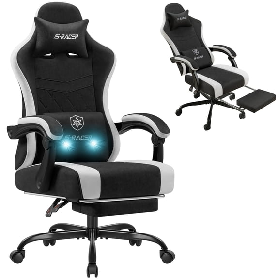 Homall Reclining Gaming Chair Premium Technical Fabric Massage Video Game Chair with Headrest, Lumber Support and Footrest, Black