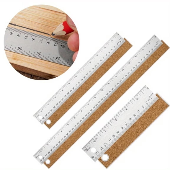 Professional Steel Ruler Set 3-Pack, 6/12/18 Inch Metal Rules with Cork Backing, Dual-Scale Measurement Tools for Office & Workshop