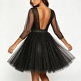 thumbnail image 5 of Karymi Easter Dress Glitter Mesh Cocktail Party Dress, Round Neck 3/4 Sheer Sleeve High Waist A-Line Knee Length Dress, Sparkly Tulle Evening Dress Summer Dress, 5 of 7