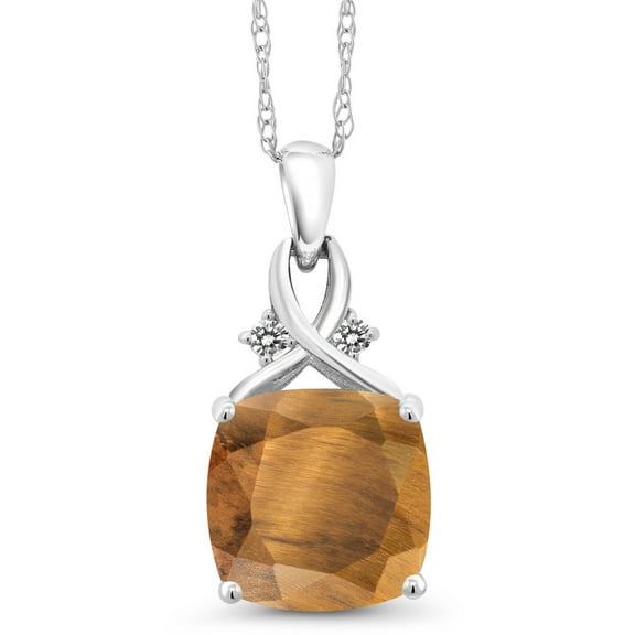 Gem Stone King 10K White Gold Brown Tiger Eye and White Diamond Pendant Necklace for Women (3.56 Cttw, Gemstone, Cushion Cut 10MM, with 18 inch Chain)