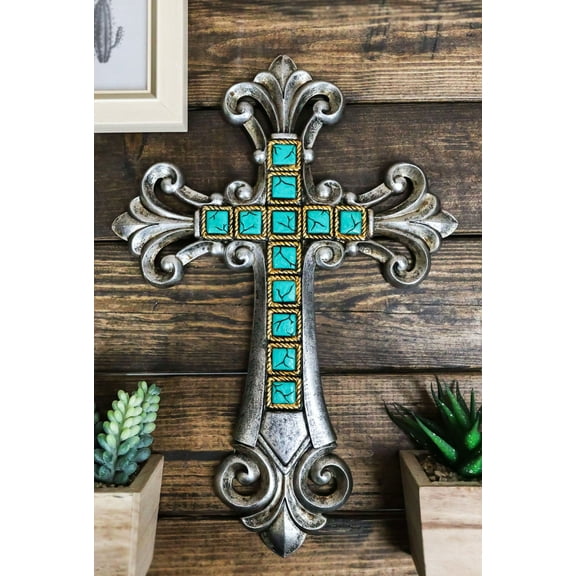 Southwestern Silver Tuscan Fleur De Lis Scrollwork Turquoise Rocks Wall Cross