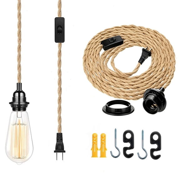 Plug-in Pendant Light, DIY Hanging Light Cord Kit with 15FT Hemp Rope & On/Off Switch, Industrial Rustic Farmhouse Pendant Light Fixture for Home Decor (E26/E27, Without Bulb)