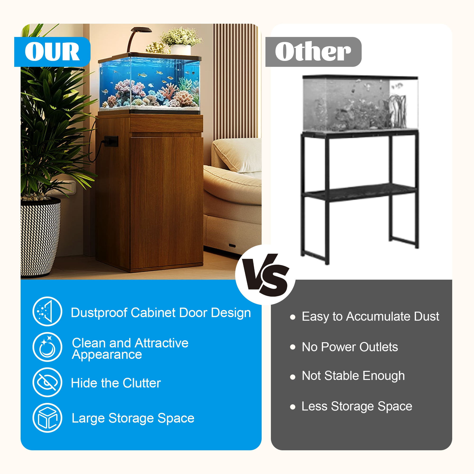 Euroco 10-15 Gallon Fish Tank Stand with Power Outlets,Modern Aquarium Stand with Adjustable Shelves & Storage Cabinet,Sturdy Heavy Duty 16.9" L x 16.9" W, Brown