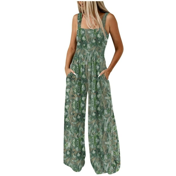 Boho Floral Jumpsuits for Women Square Neck Sleeveless Wide Leg Pants Rompers One Piece Vacation Outfits with Pockets