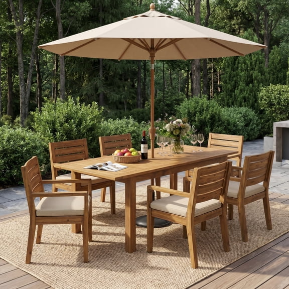 Christopher Knight Home 7-Piece Outdoor Dining Set, Expandable Table and Cushioned Armchairs, Natural Beige