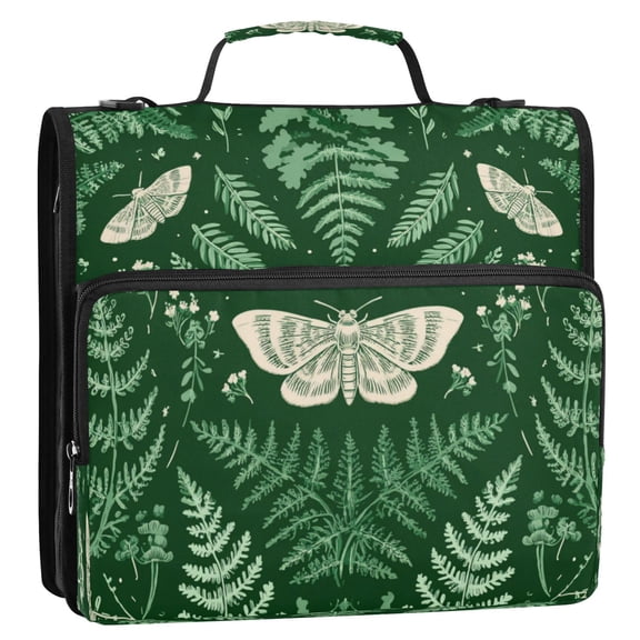 Zipper Binder 3 Rings Stationery Office Files Daily Organizer File Folder Storage Bag Green Ferns and Moths