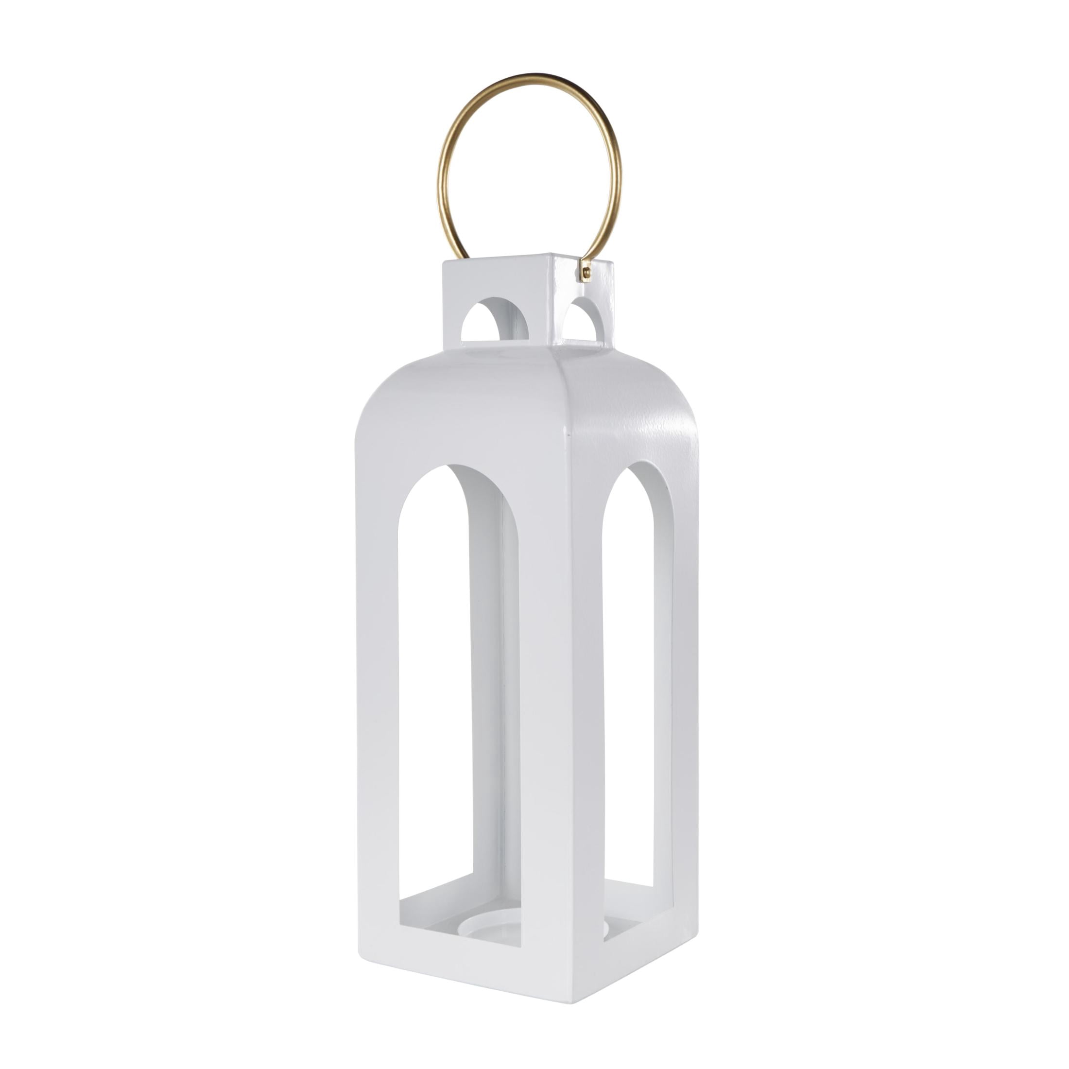 DecMode White Metal Tall Arched Cutout Candle Lantern with Gold Handle