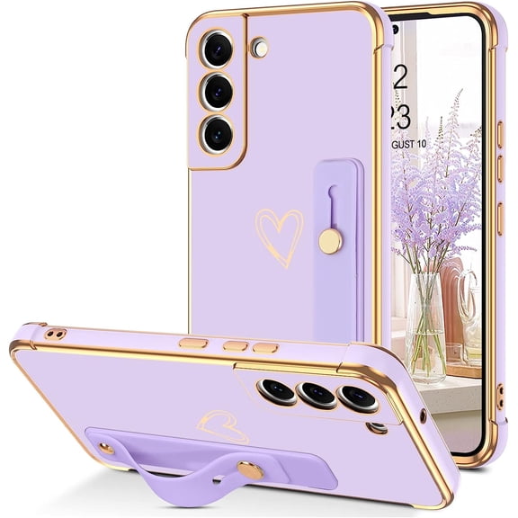 Samsung Galaxy S21 FE Case, Galaxy S21 FE 5G Phone Case Love Heart Cute Case with Wristband Kickstand Holder Soft TPU Plating Bumper Protective Shockproof Phone Case for Girls Women, Purple