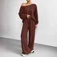 thumbnail image 7 of VV AVEORS Women 2 Piece Outfit Matching Sweat Sets Off The Shoulder Knit Set Lounge Top Wide Leg Sweatpants Tracksuit Brown M, 7 of 7