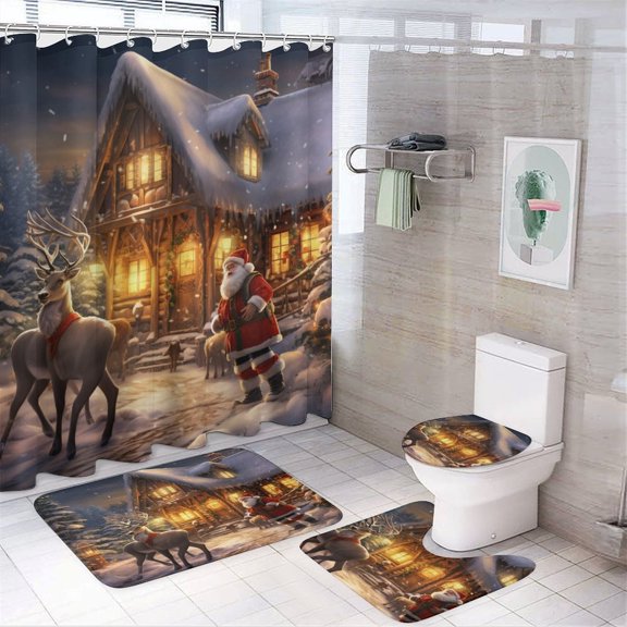 Santa Claus Reindeer Vintage 4 Pcs Shower Curtain Set with Rug Bathroom Sets with Waterproof Fabric And Non-Slip Rugs Toilet Lid Cover Bath Mat Decor with Hooks