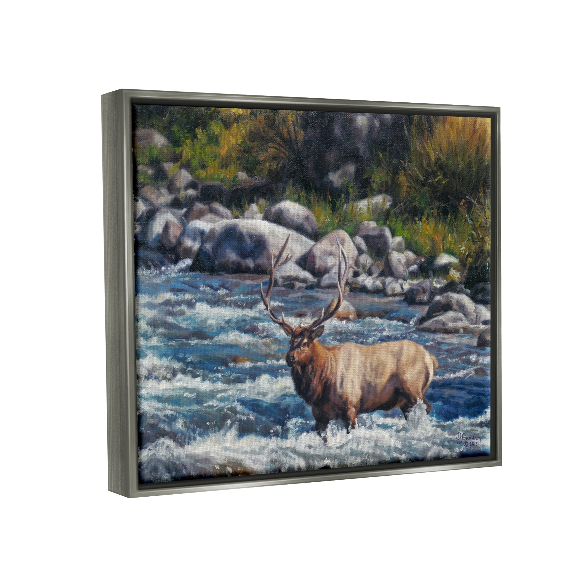 Stupell Industries Crossing The Rapids Elk Wildlife Animals & Insects Painting Gray Floater Framed Art Print Wall Art