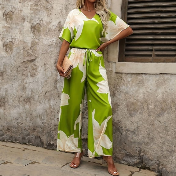 Snorda Pants Set for Women Floral Printed V-Neck Short Sleeve Top and Elastic Drawstring Waist Wide Leg Pants Summer Ladies 2 Piece Casual Loose Outfits for Daily Wear