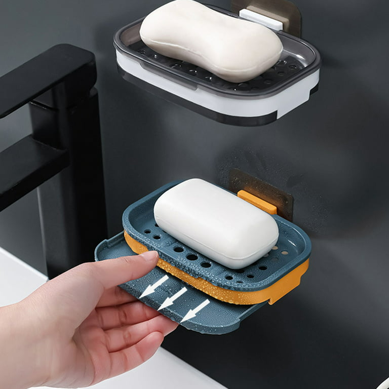 1PC Black Adhesive Soap Dish Holder, Easy Clean Drain Bar Soap