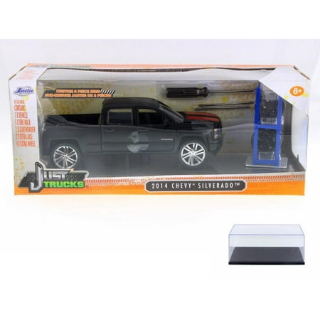 - Diecast Car & Display Case Package - 2014 Chevy Silverado, Black w/ Stripes - Jada 97690-MJ - 1/24 Scale Diecast Model Toy Car w/Display Case