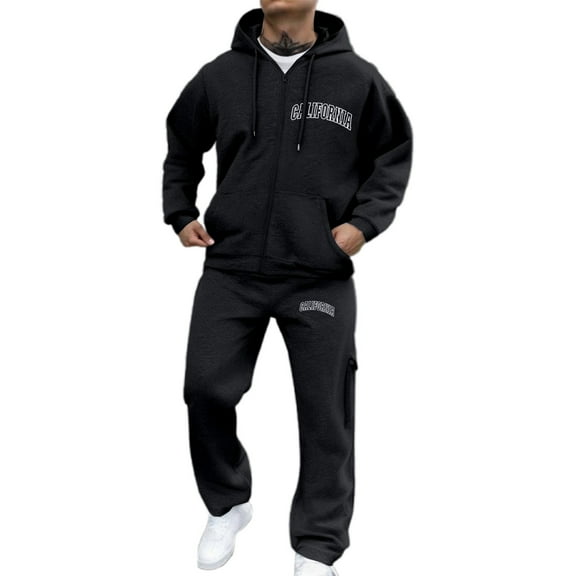 SGMVNU Mens Tracksuit Set Letter Print Men's Zip Up Hoodie Suit Set Casual Soft Outfit Daily Wear with Pockets Winter Jogging Suit(Black, 2XL)