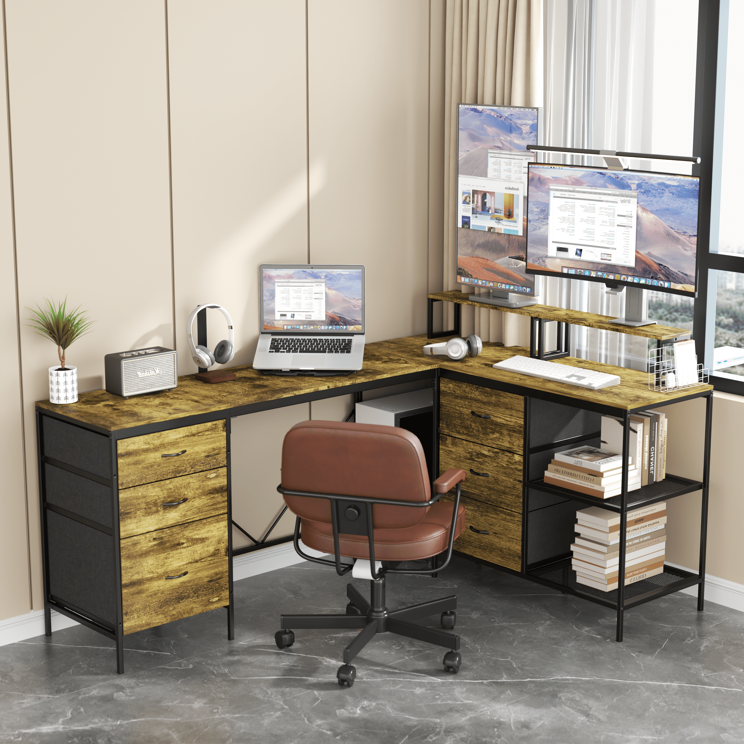 L-Shaped Desk with Power Hub, 114 in Convertible Corner Gaming Desk, 6 Drawers, 3 Shelves, Adjustable Monitor Stands, Steel Frame Home Office Table