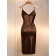 thumbnail image 2 of Brown Satin Bodycon Dress With Pearl-Embellished Spaghetti Straps, Crossover Neckline, Ruched Waist And Side Slit, 2 of 5