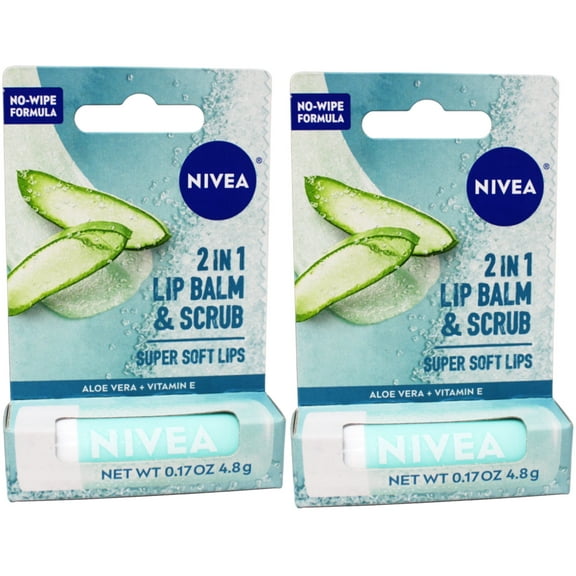 2 Pack - Nivea 2in1 Lip Balm & Scrub Super Soft Lips, Aloe Vera   Vitamin E, 0.17 oz (4.8 g)