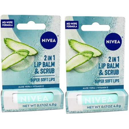 2 Pack - Nivea 2in1 Lip Balm & Scrub Super Soft Lips, Aloe Vera + Vitamin E, 0.17 oz (4.8 g)