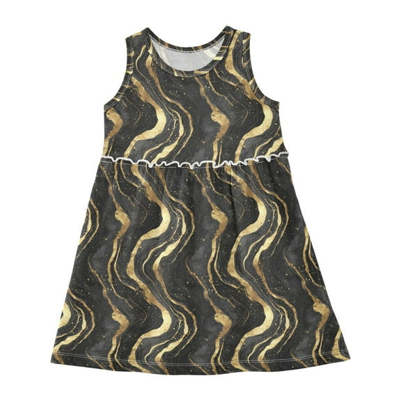 Girls Dress Black and Gold Abstract Sleeveless Dress for Girls Hem A-Line Casual Sundress
