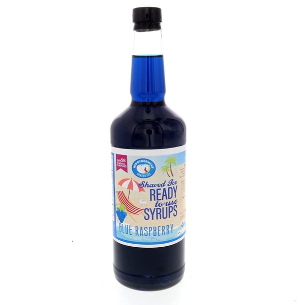 Jarabe para raspados y conos de nieve - Cuarto de galón (32 onzas líquidas) - Frambuesa azul - Elaborado con azúcar de caña 100 % pura sin OGM, sin jarabe de maíz - Botella de plástico reciclable sin