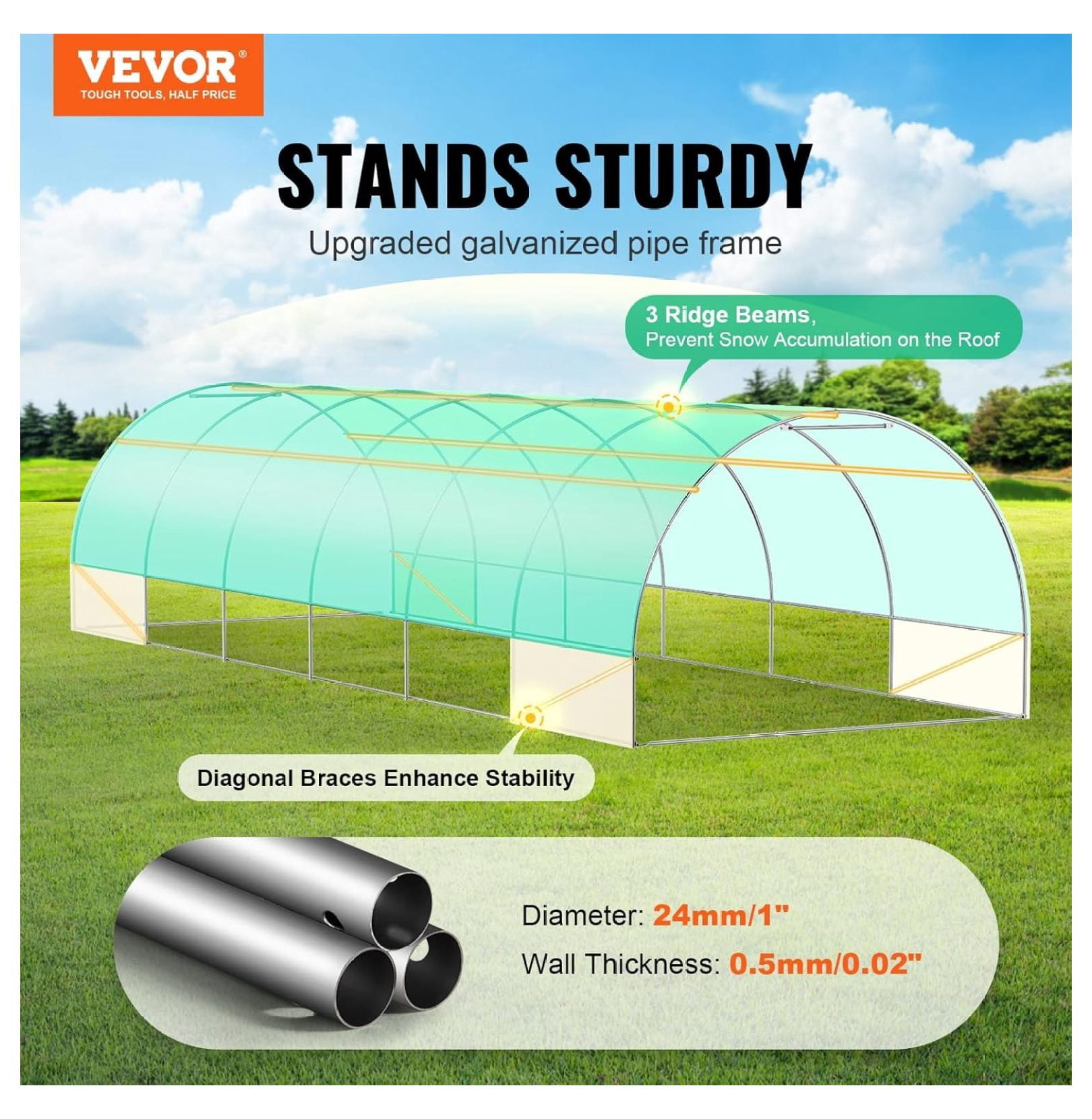 SONGMY Walk-in Tunnel Greenhouse, 29.2x9.7x6.5 ft Hoop House Greenhouse Tunnel, Plant Hot House with Galvanized Steel Frame, Green PE Cover, Roll-up Zipper Door and 12 Windows for Outdoor