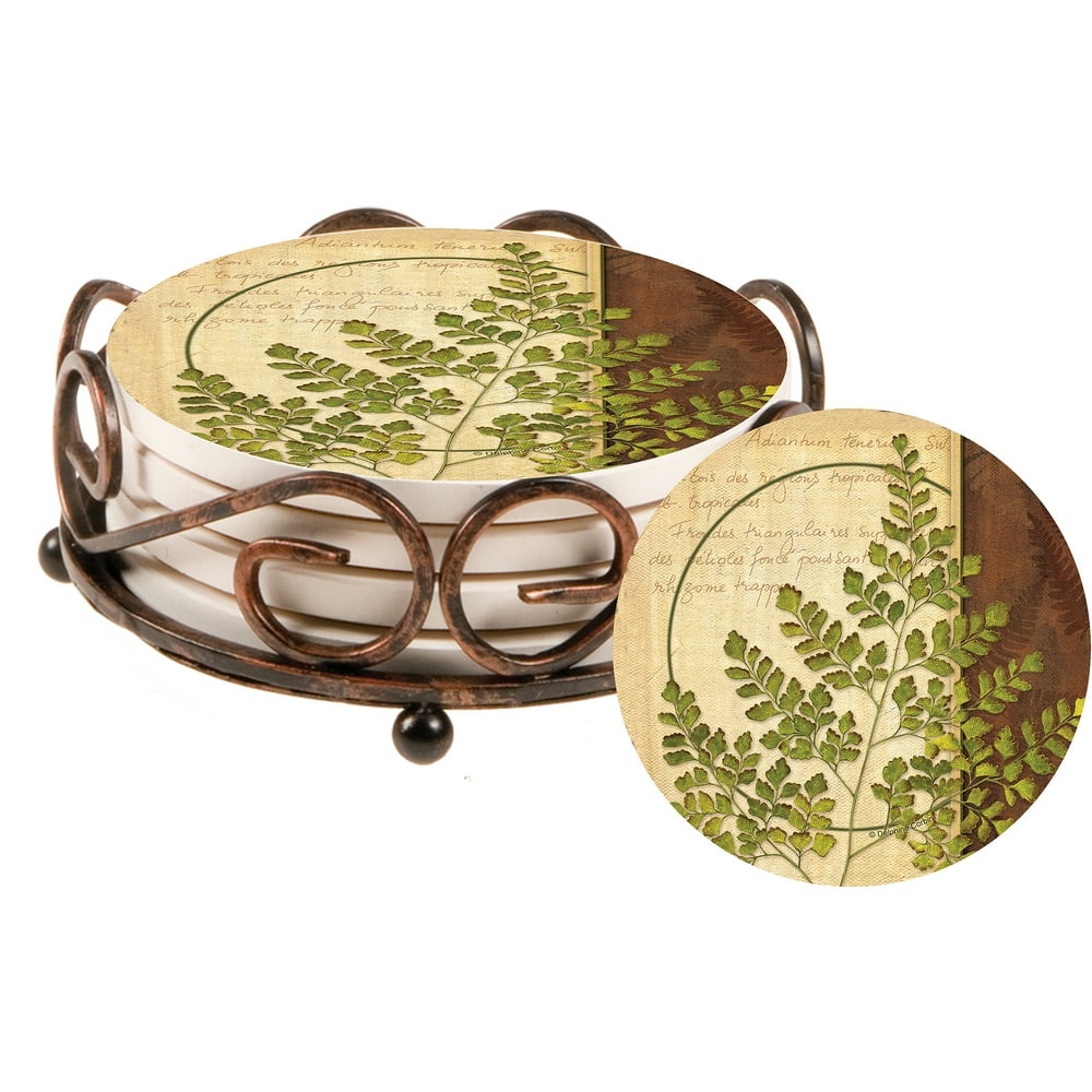Thirstystone Round Collegiate Drink Coasters Plus Holder Gift Set, Ferns, Set of 4 Coasters with