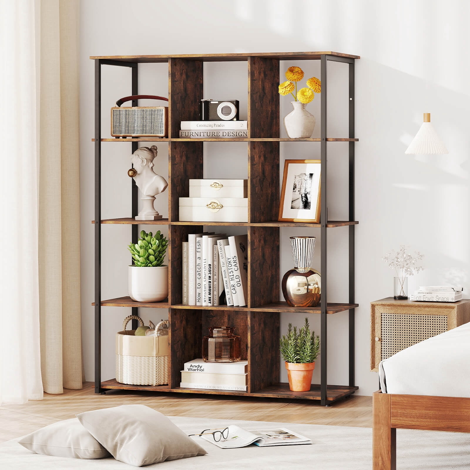 Costway 12-Cube Bookcase 57" Tall Freestanding Bookshelf Industrial Shelf Display Rack